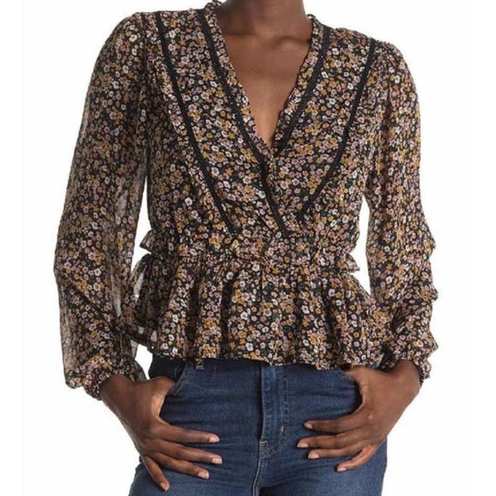 Astr Black Floral Wrap Peplum Blouse